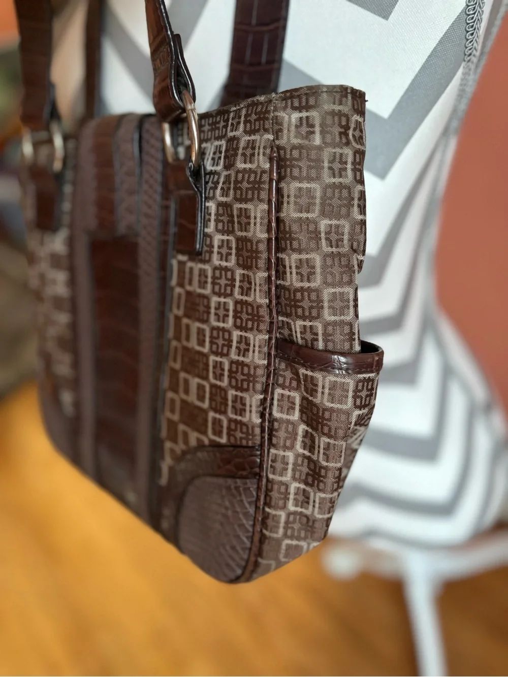 Worthington Brown Patterned Shoulder Tote with Croc-Trim